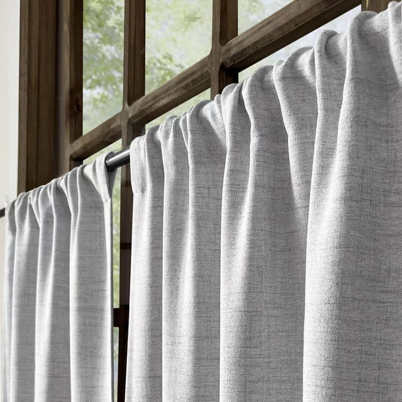 Oindec Faux Linen Kitchen Curtains 45 Inch Length Cafe Curtain Tiers for Living Room Basement Bathroom Windows Country Rustic Small Short Curtains, Set of 2, Grey - Image 3